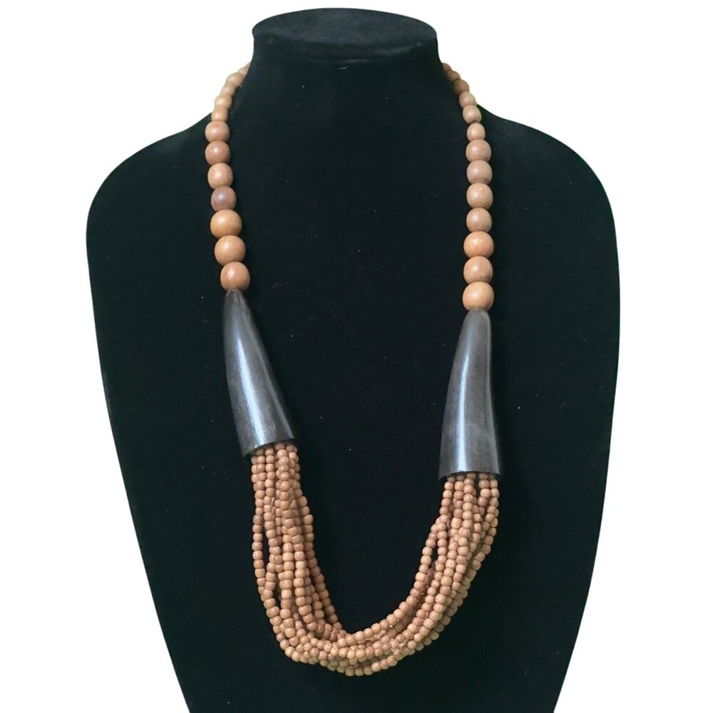 Multistrand Wooden Beaded Necklace With Black Horn-Like Accents & Hook Closure